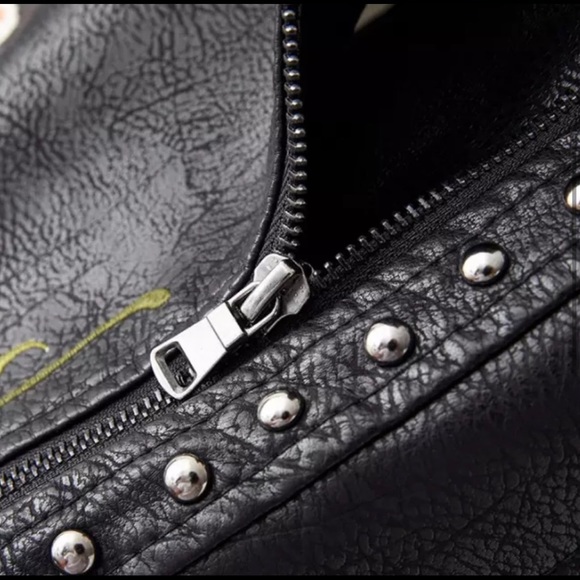 New! Black Embroidered Flowers With Stud Faux Leather Motorcycle Style Jacket - Picture 6 of 15